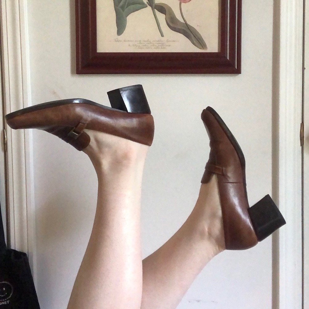 Retro Vegan Leather Cognac Cottagecore Buckle Heels w Block Heel